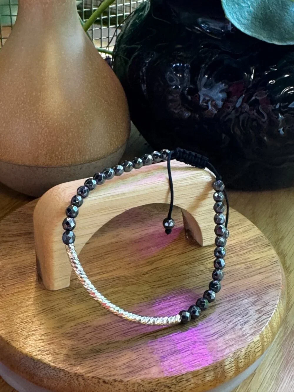 Slide Style Adjustable Bracelet, Faceted Hematite, Fine Silver Plated